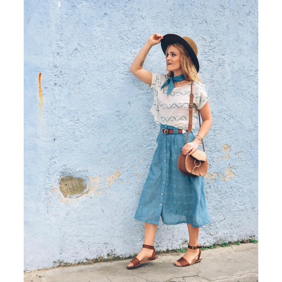 Stela 9 Blue Bosque Skirt in Indigo Cotton Jaspe Sz M High Waisted Button Front - Picture 2 of 9